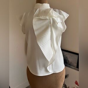 Gracia White Cap Sleeve Blouse with Pleated Ruffles